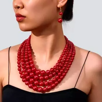 Жемчужная мода преувеличенное женское многослойное ожерелье с жемчугом на ключице, универсальный комплект из серег и ожерелья красный