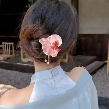 Жемчужная палочка для волос Hanfu с кисточкой в китайском стиле, изысканная вилка для волос в виде орхидеи, ежедневно розовый