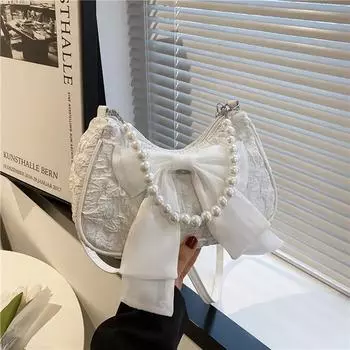 Жемчужная женская сумка в стиле ретро, роскошная дизайнерская сумка с бантом, сумки через плечо, модная парусиновая женская сумка 2024, трендовая сумка через плечо, кошельки 26*16*8cm белый