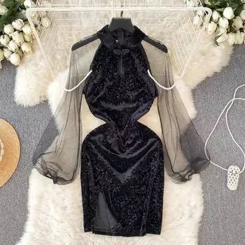 Жемчужно-шикарное элегантное цельное платье женское лоскутное с круглым вырезом с пышными рукавами облегающее мини-платье женское корейское сексуальное модное тонкое платье с вырезами 2024 S чёрный