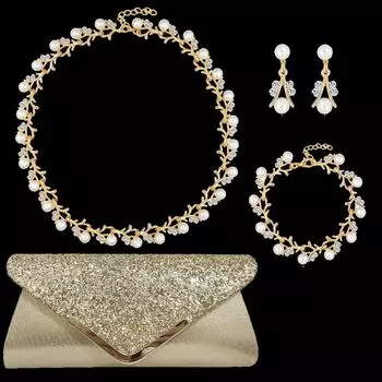 Жемчужное ожерелье из сплава с листьями, серьги с бриллиантами, роскошный набор сумок для ужина, свадебное платье, универсальные аксессуары для женщин серебряный