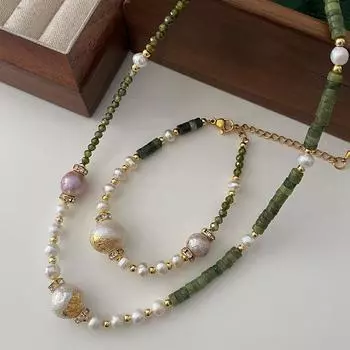 Жемчужное ожерелье Литературная новая китайская цепочка на шею Женская универсальная высококачественная ретро-цепочка для свитера Зеленая белая ключичная цепочка