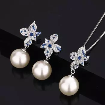 Жемчужное ожерелье Niche Light Luxury Silver Needle Earrings Pearl Temperament Summer Set Cerges Cirry Cerges Royal Blue Women