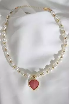 Жемчужное ожерелье розового цвета с сердечком и жемчугом