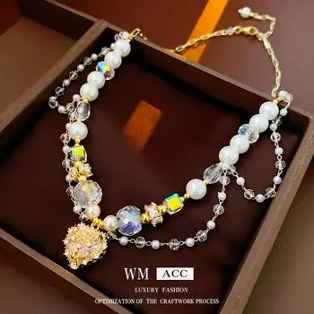 Жемчужное ожерелье с квадратным хрустальным сердцем, инкрустированное бриллиантами, нишевая модная цепочка на ключицу, легкая роскошь, высококачественное ожерелье для женщин 1#