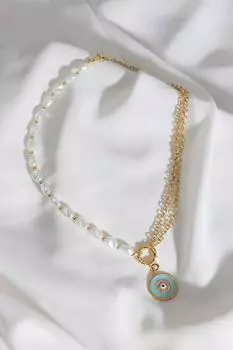 Жемчужное ожерелье с подвеской от сглаза синей эмали