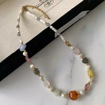 Жемчужное ожерелье, универсальная невыцветающая цепочка на ключицу, высококачественная цепочка для свитера с бусинами из натурального ракушечного агата Sense Niche