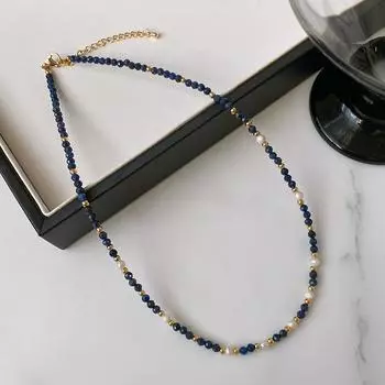 Жемчужное ожерелье, универсальная высококачественная цепочка для свитера с бусинами из натурального лазурита, невыцветающая ювелирная бижутерия из золота K
