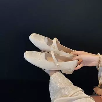 ~ Жемчужное слово с квадратным носком жаккардовые туфли Мэри Джейн одинарные вечерний нефрит 34