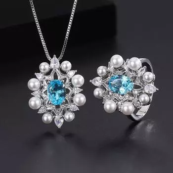 Жемчужное женское ожерелье винтажный темперамент рубин изумруд кольцо кулон комплект из двух предметов