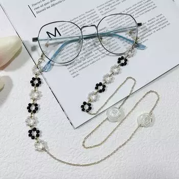 Жемчужные бусины, маска, цепочка для солнцезащитных очков, роза, держатель для очков, женские металлические солнцезащитные очки, подвесной ремешок, шнур для очков, 75 см чёрный