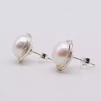 Жемчужные серьги, белый круглый натуральный пресноводный жемчуг, плетеные вручную серьги-гвоздики из стерлингового серебра, женские серьги-гвоздики, подарки для мамы 13-14mm&SILVER PLATED