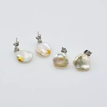 Жемчужные серьги, белый натуральный жемчуг, серебряные серьги-гвоздики неправильной формы, жемчуг в стиле барокко, цирконий, женские плоские серьги-гвоздики 13-14mm