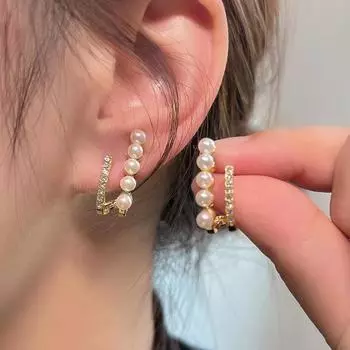 Жемчужные серьги, двойные вертикальные волны нишевого дизайна, легкие роскошные универсальные серьги-гвоздики для женщин золотой
