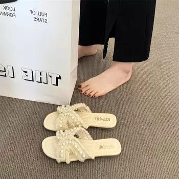 Жемчужные тапочки женская верхняя одежда 2025 весна и лето новые на плоской подошве модные универсальные сандалии на одном ремешке тренд 35 бежевый
