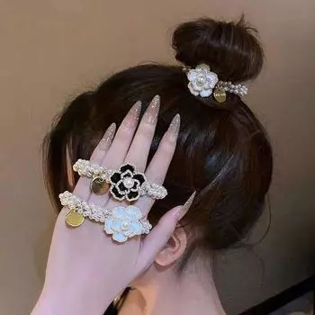 Жемчужные веревки для волос, держатели для хвоста из бисера, аксессуары для волос для женщин и девочек, резинки для волос, эластичная лента для волос 1pcs чёрный