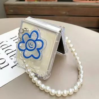 Жемчужный браслет, мягкий противоударный защитный чехол из ТПУ для телефона Samsung Galaxy Z Flip 4 3 5g, милый прозрачный чехол с 3d цветочным кронштейном For Samsung Z Flip 3 синий