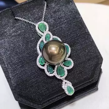 Жемчужный кулон, ювелирные изделия, стерлинговое серебро 925 пробы, круглый, 13-14 мм, павлинье-зеленый, черный жемчуг, ожерелья для женщин