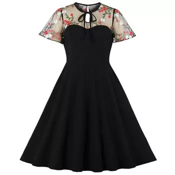 Женские винтажные платья с цветочной вышивкой в горошек, миди-платье-качели, коктейльная вечерняя одежда, вечерний деловой повседневный формальный наряд для особых случаев S чёрный