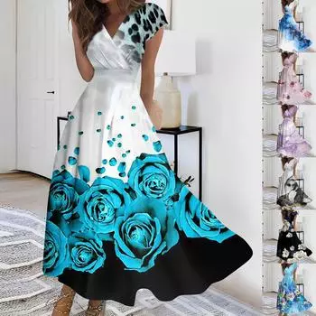 Жен. Длинное платье Платье макси Повседневное платье Шифоновые платья Свободное платье Сплошной цвет На каждый день Для взрослых На открытом воздухе Повседневные платья С рюшами С короткими рукавами Платье с v-образным вырезом L