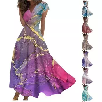 Жен. Длинное платье Платье макси Повседневное платье Шифоновые платья Свободное платье Сплошной цвет На каждый день Для взрослых На открытом воздухе Повседневные платья С рюшами С короткими рукавами Платье с v-образным вырезом L