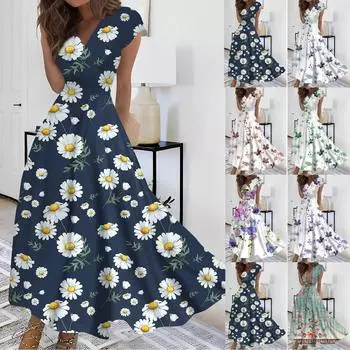 Жен. Длинное платье Платье макси Повседневное платье Шифоновые платья Свободное платье Сплошной цвет На каждый день Для взрослых На открытом воздухе Повседневные платья С рюшами С короткими рукавами Платье с v-образным вырезом L синий