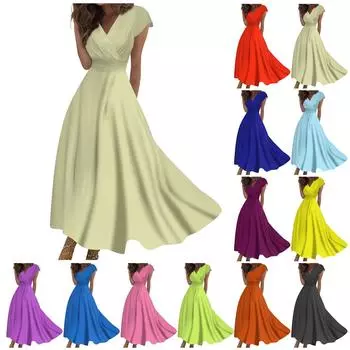 Жен. Длинное платье Платье макси Повседневное платье Шифоновые платья Свободное платье Сплошной цвет На каждый день Для взрослых На открытом воздухе Повседневные платья С рюшами С короткими рукавами Платье с v-образным вырезом L бежевый