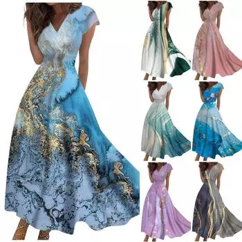 Жен. Длинное платье Платье макси Повседневное платье Шифоновые платья Свободное платье Сплошной цвет На каждый день Для взрослых На открытом воздухе Повседневные платья С рюшами С короткими рукавами Платье с v-образным вырезом L синий