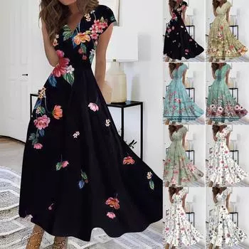 Жен. Длинное платье Платье макси Повседневное платье Шифоновые платья Свободное платье Сплошной цвет На каждый день Для взрослых На открытом воздухе Повседневные платья С рюшами С короткими рукавами Платье с v-образным вырезом S