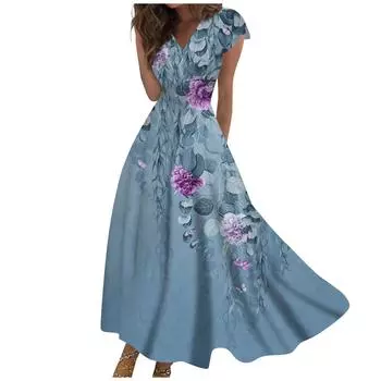 Жен. Длинное платье Платье макси Повседневное платье Шифоновые платья Свободное платье Сплошной цвет На каждый день Для взрослых На открытом воздухе Повседневные платья С рюшами С короткими рукавами Платье с v-образным вырезом XXXL зелёный