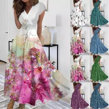 Жен. Длинное платье Платье макси Повседневное платье Шифоновые платья Свободное платье Сплошной цвет На каждый день Для взрослых На открытом воздухе Повседневные платья С рюшами С короткими рукавами Платье с v-образным вырезом L