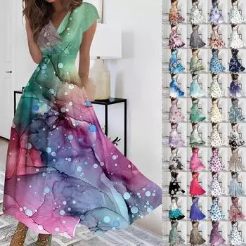 Жен. Длинное платье Платье макси Повседневное платье Шифоновые платья Свободное платье Сплошной цвет На каждый день Для взрослых На открытом воздухе Повседневные платья С рюшами С короткими рукавами Платье с v-образным вырезом L