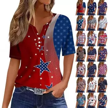 Жен. Футболка День независимости С принтом Пуговицы С короткими рукавами Повседневные Выходные Мода Классический Классический V-образный вырез Обычный Топ L синий