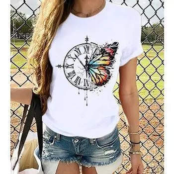 Жен. Футболка Футболка Черно-белый Кот Черная бабочка Графический принт С короткими рукавами Повседневные Круглый вырез 100% Хлопок Тонкие S