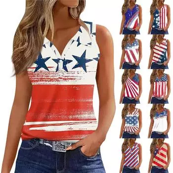 Жен. Футболка Футболка День независимости С принтом Пуговицы Без рукавов Повседневные Выходные Мода Классический Классический Топ L синий