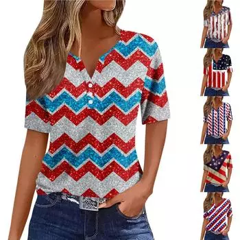 Жен. Футболка Футболка День независимости С принтом Пуговицы С короткими рукавами Повседневные Выходные Мода Классический Классический V-образный вырез Обычный Топ L винный