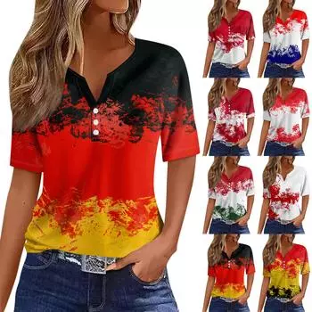 Жен. Футболка Футболка День независимости С принтом Пуговицы С короткими рукавами Повседневные Выходные Мода Классический Классический V-образный вырез Обычный Топ XL чёрный