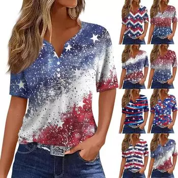 Жен. Футболка Футболка День независимости С принтом Пуговицы С короткими рукавами Повседневные Выходные Мода Классический Классический V-образный вырез Обычный Топ XXXL