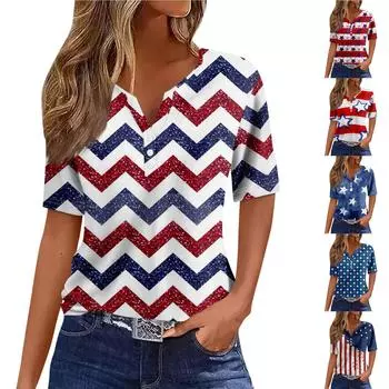 Жен. Футболка Футболка День независимости С принтом Пуговицы С короткими рукавами Повседневные Выходные Мода Классический Классический V-образный вырез Обычный Топ M киноварь
