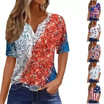 Жен. Футболка Футболка День независимости С принтом Пуговицы С короткими рукавами Повседневные Выходные Мода Классический Классический V-образный вырез Обычный Топ L бежевый