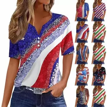 Жен. Футболка Футболка День независимости С принтом Пуговицы С короткими рукавами Повседневные Выходные Мода Классический Классический V-образный вырез Обычный Топ XXL синий
