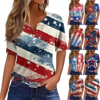 Жен. Футболка Футболка День независимости С принтом Пуговицы С короткими рукавами Повседневные Выходные Мода Классический Классический V-образный вырез Обычный Топ S чёрный