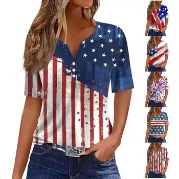 Жен. Футболка Футболка День независимости С принтом Пуговицы С короткими рукавами Повседневные Выходные Мода Классический Классический V-образный вырез Обычный Топ L