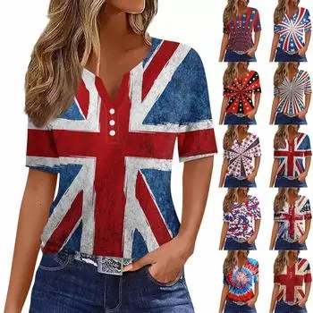 Жен. Футболка Футболка День независимости С принтом Пуговицы С короткими рукавами Повседневные Выходные Мода Классический Классический V-образный вырез Обычный Топ L киноварь