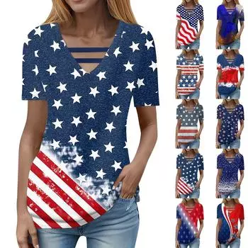Жен. Футболка Футболка День независимости С принтом С короткими рукавами Повседневные Выходные Мода Классический Классический V-образный вырез Обычный Топ L синий