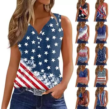Жен. Футболка Футболка День независимости С принтом Пуговицы Без рукавов Повседневные Выходные Мода Классический Классический Топ L чёрный