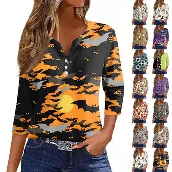 Жен. Футболка Футболка Хэллоуин С принтом Пуговицы Рукав 3/4 Повседневные Выходные Мода Классический Классический V-образный вырез Обычный Топ XL бежевый