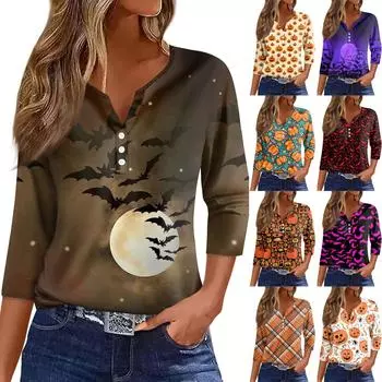 Жен. Футболка Футболка Хэллоуин С принтом Пуговицы Рукав 3/4 Повседневные Выходные Мода Классический Классический V-образный вырез Обычный Топ L фиолетовый