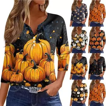 Жен. Футболка Футболка Хэллоуин С принтом Пуговицы Рукав 3/4 Повседневные Выходные Мода Классический Классический V-образный вырез Обычный Топ XXL бежевый