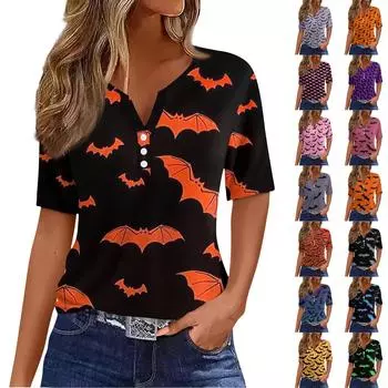 Жен. Футболка Футболка Хэллоуин С принтом Пуговицы С короткими рукавами Повседневные Выходные Мода Классический V-образный вырез Обычный Верх L чёрный